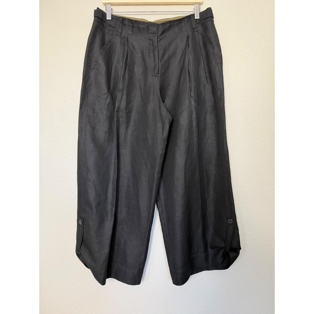 Pure DKNY Black Silk Linen Pleated Gaucho Pants Size 12 Wide Leg Cropped Trouser